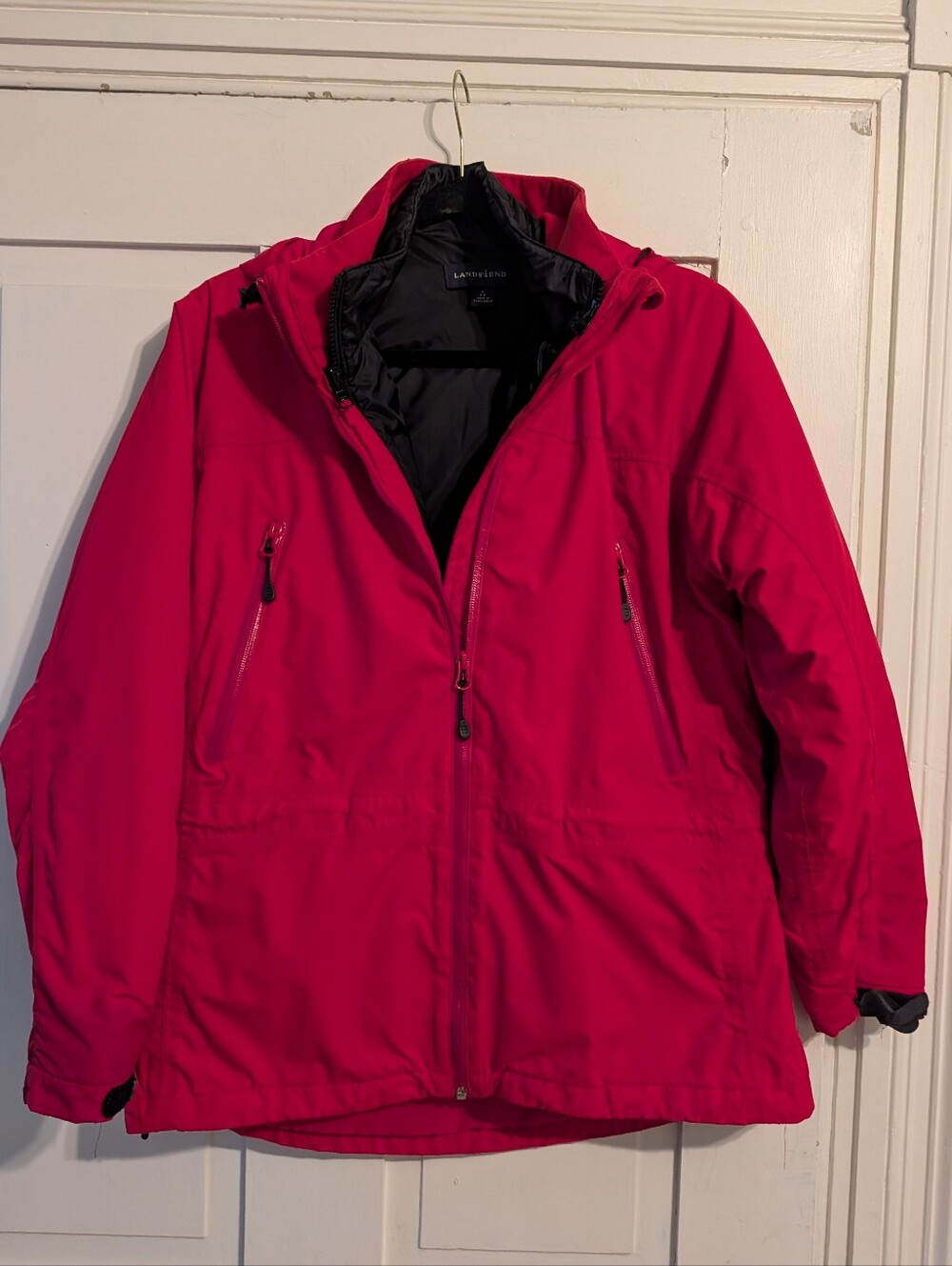 Land's End Red Hooded Raincoat With Lightweight Puffer Removable Zip In Jacket S